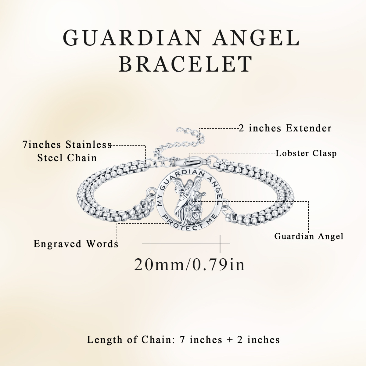 Pulsera de plata de ley con colgante de ángel y palabra grabada para hombre-5