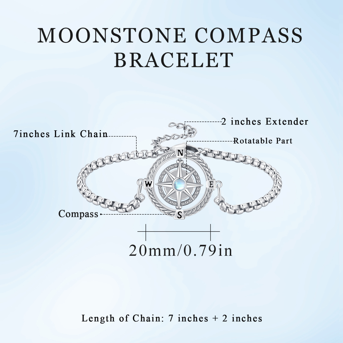 Bracelet en argent sterling avec pendentif boussole en pierre de lune de forme circulaire-5