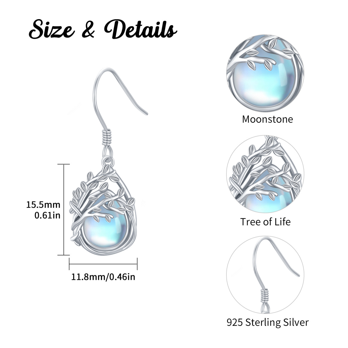Sterling Silber Mondstein Baum des Lebens Tropfen Ohrringe-6