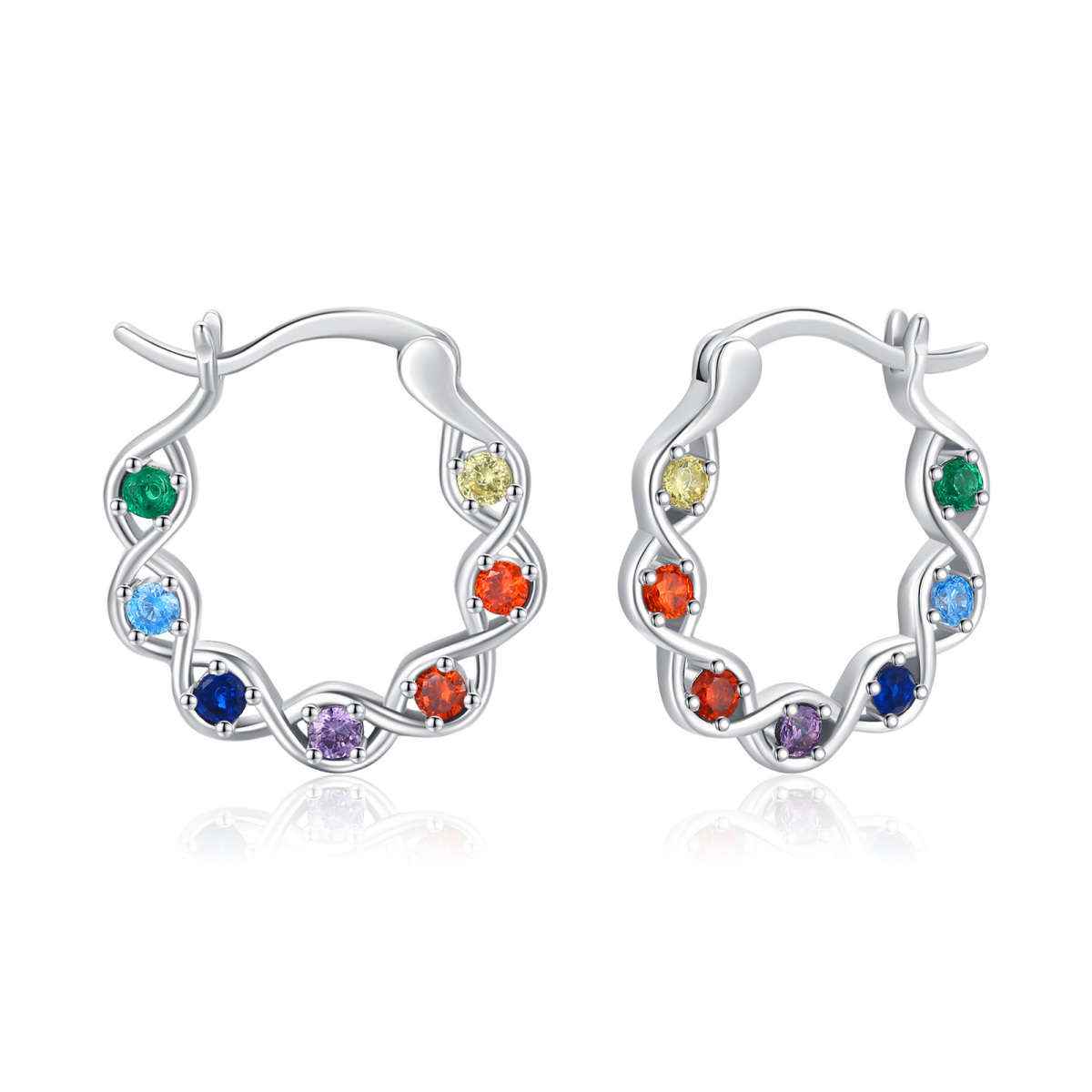 Sterling Silver Round Zircon Chakras Hoop Earrings-1