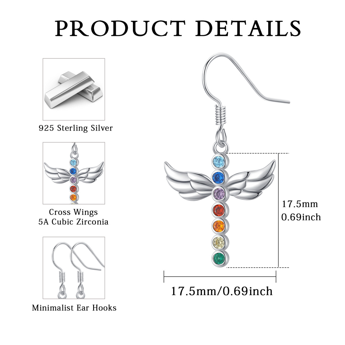 Sterling Silver Zircon Rainbow Drop Earrings-6