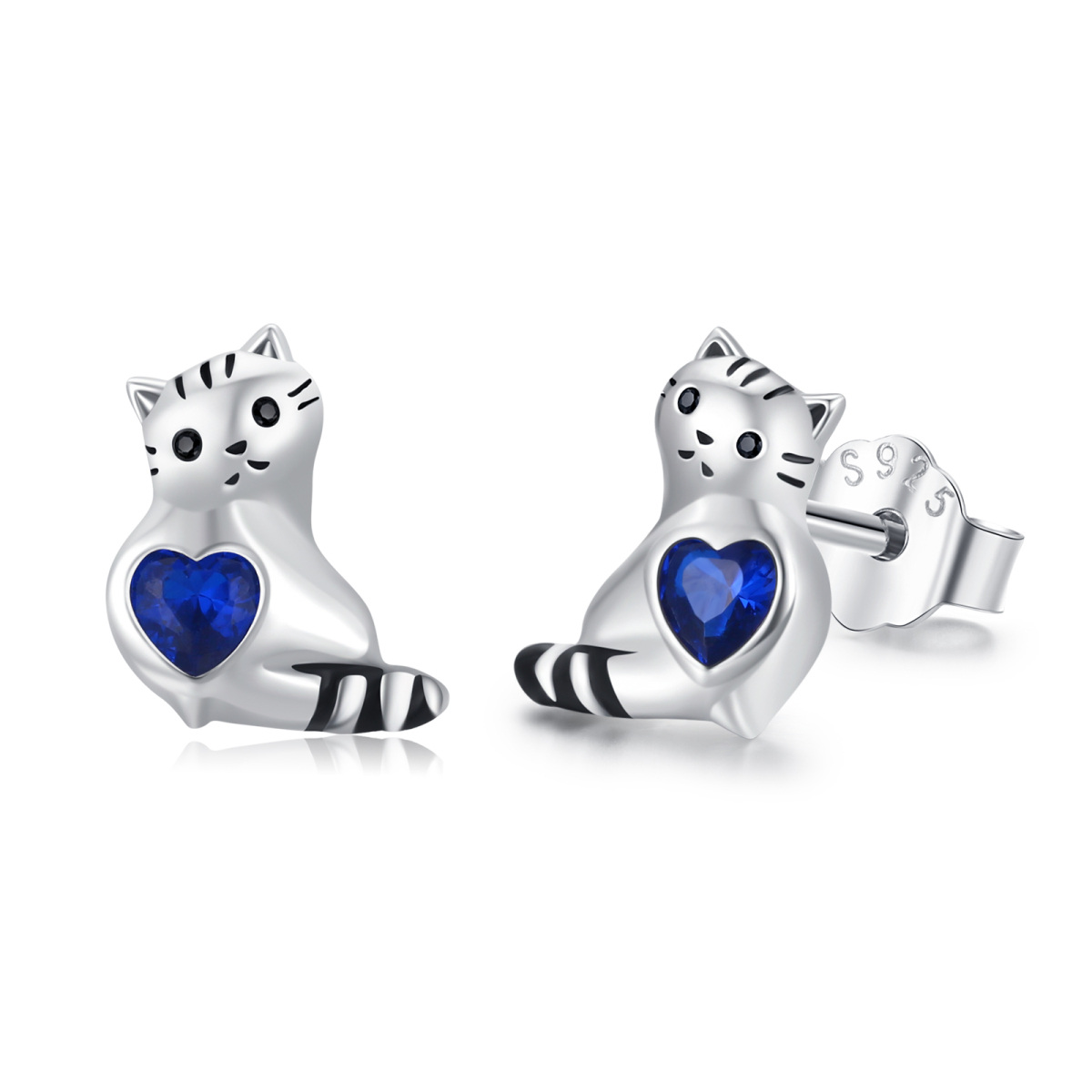 Sterling Silver Heart Shaped Cubic Zirconia Cat Stud Earrings-1