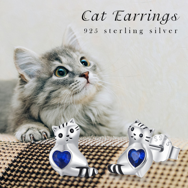 Sterling Silver Heart Shaped Cubic Zirconia Cat Stud Earrings-4