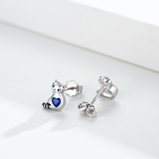 Sterling Silver Heart Shaped Cubic Zirconia Cat Stud Earrings-3