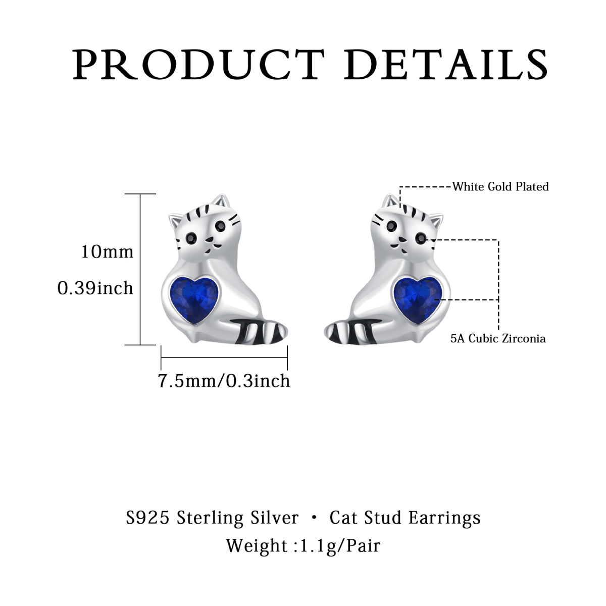 Sterling Silver Heart Shaped Cubic Zirconia Cat Stud Earrings-6