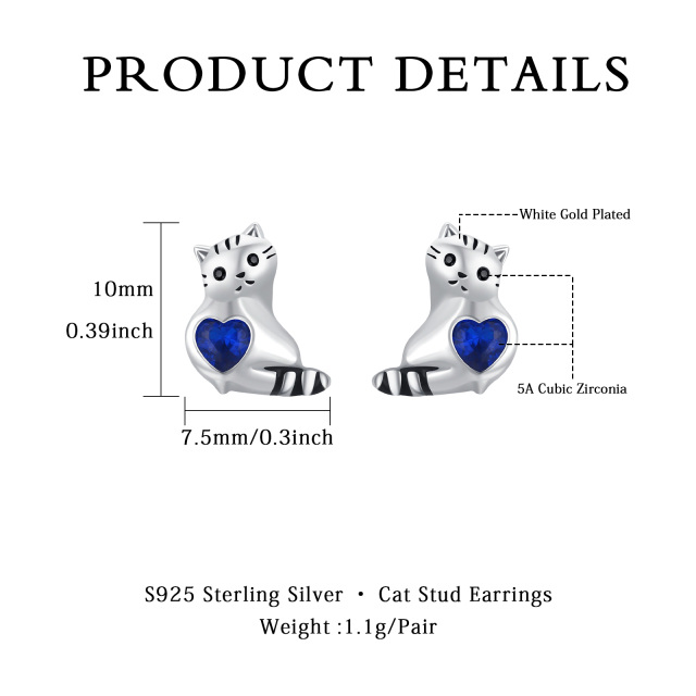 Sterling Silver Heart Shaped Cubic Zirconia Cat Stud Earrings-5