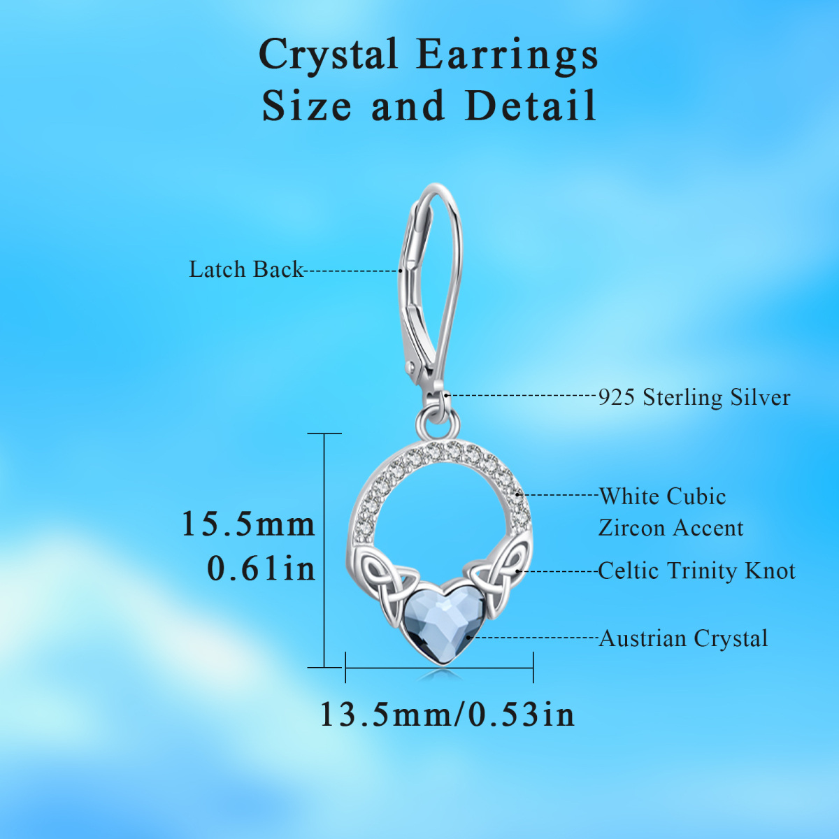 Sterling Silber Herz Kristall & kubischer Zirkon keltischen Knoten Hebel-zurück Ohrringe-5