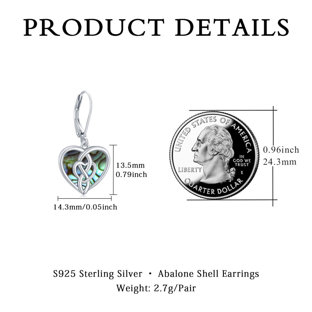 Sterling Silver Heart Shaped Abalone Shellfish Celtic Knot & Heart Lever-back Earrings-5