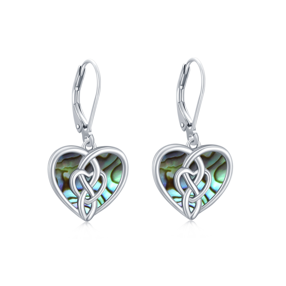 Sterling Silver Heart Shaped Abalone Shellfish Celtic Knot & Heart Lever-back Earrings-1