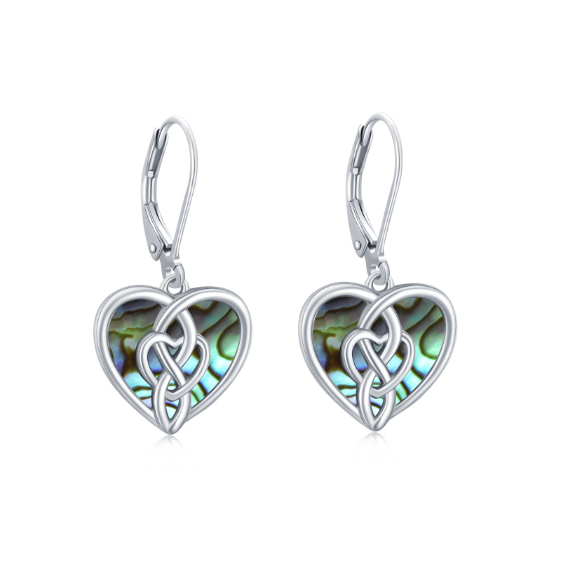 Boucles d'oreilles en argent sterling avec nœud celtique et cœur en forme d'abalone.