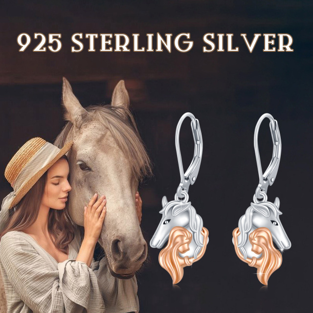 Sterling Silver Two-tone Horse Lever-back Earrings-3