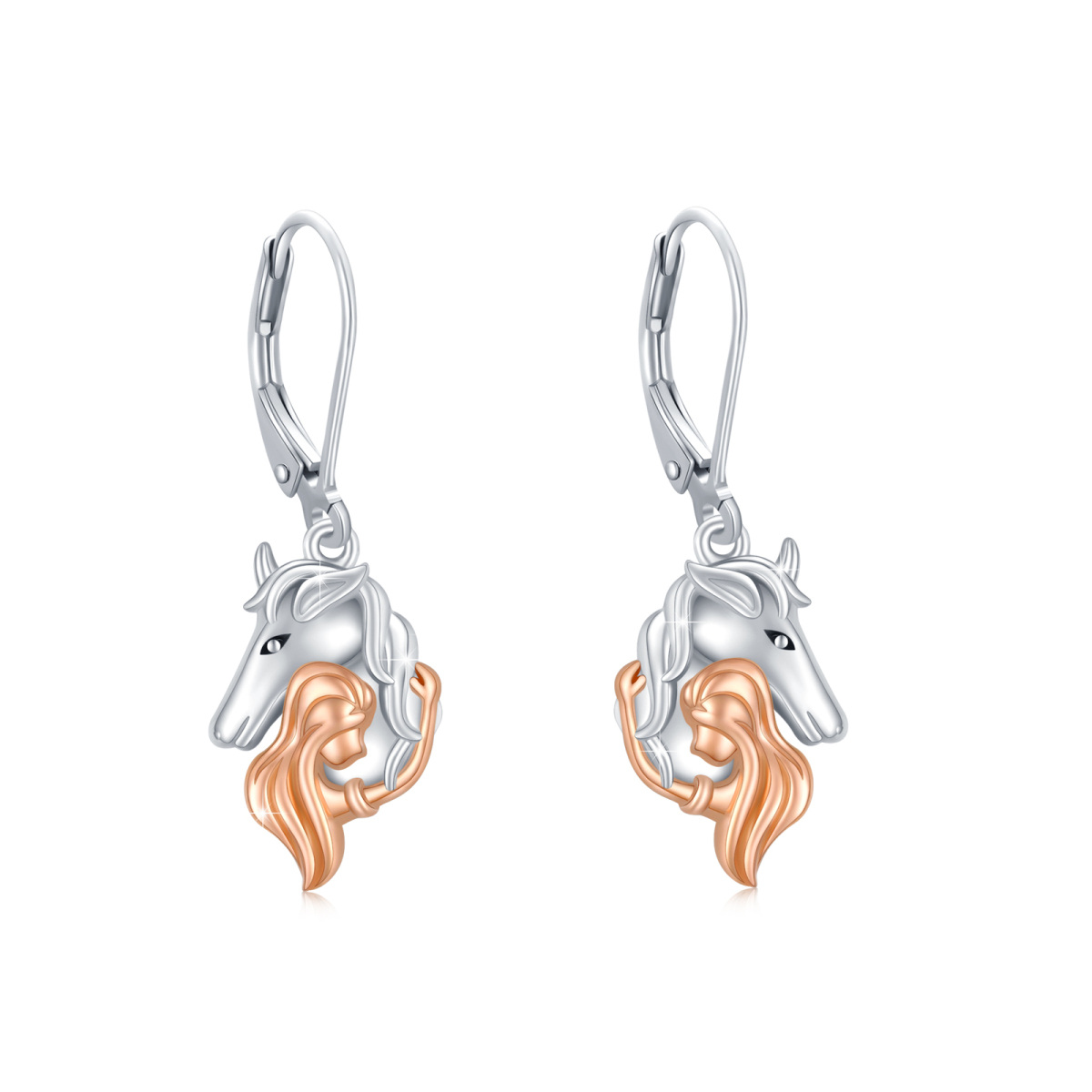Sterling Silver Two-tone Horse Lever-back Earrings-1