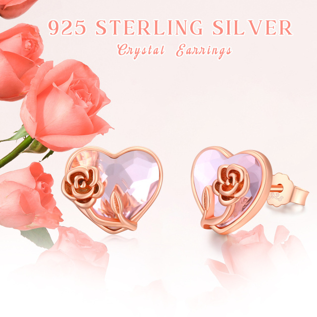 Sterling Silver with Rose Gold Plated Heart Shaped Crystal Rose Stud Earrings-4