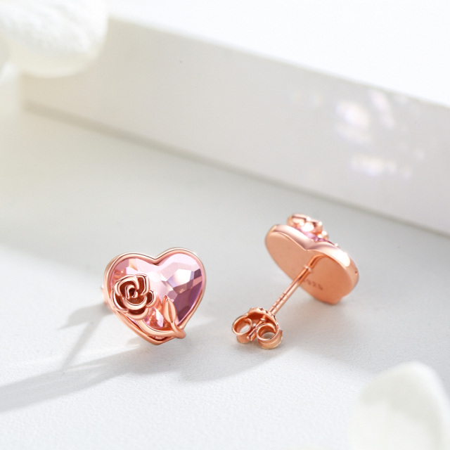 Sterling Silver with Rose Gold Plated Heart Shaped Crystal Rose Stud Earrings-3