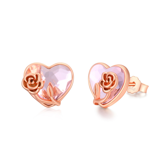 Sterling Silver with Rose Gold Plated Heart Shaped Crystal Rose Stud Earrings-0