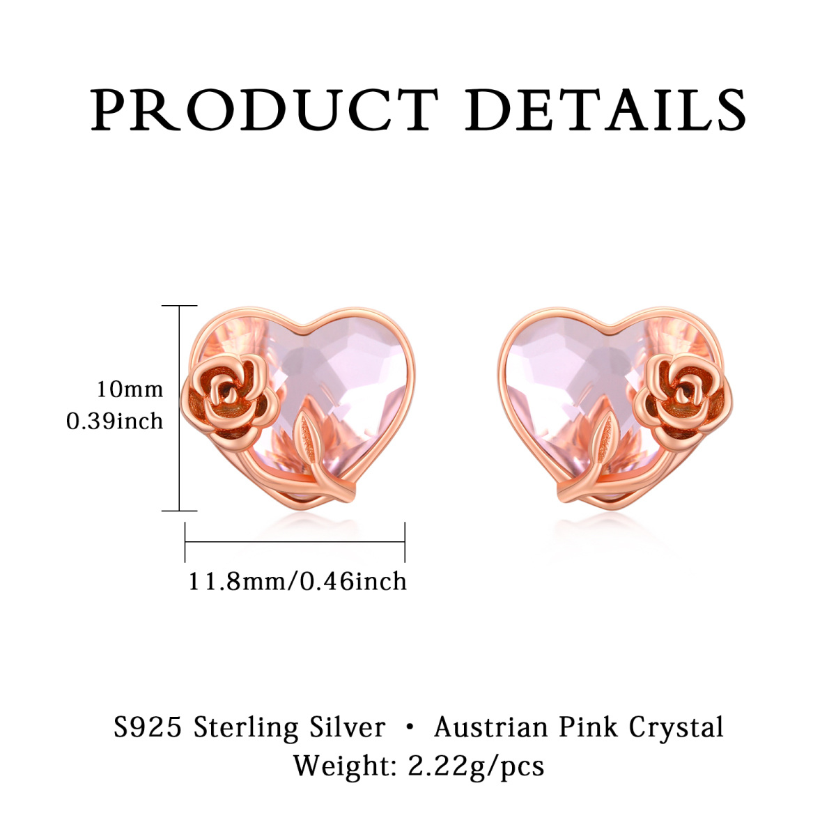 Sterling Silver with Rose Gold Plated Heart Shaped Crystal Rose Stud Earrings-6