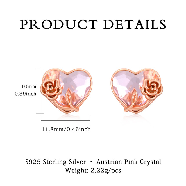 Sterling Silver with Rose Gold Plated Heart Shaped Crystal Rose Stud Earrings-5
