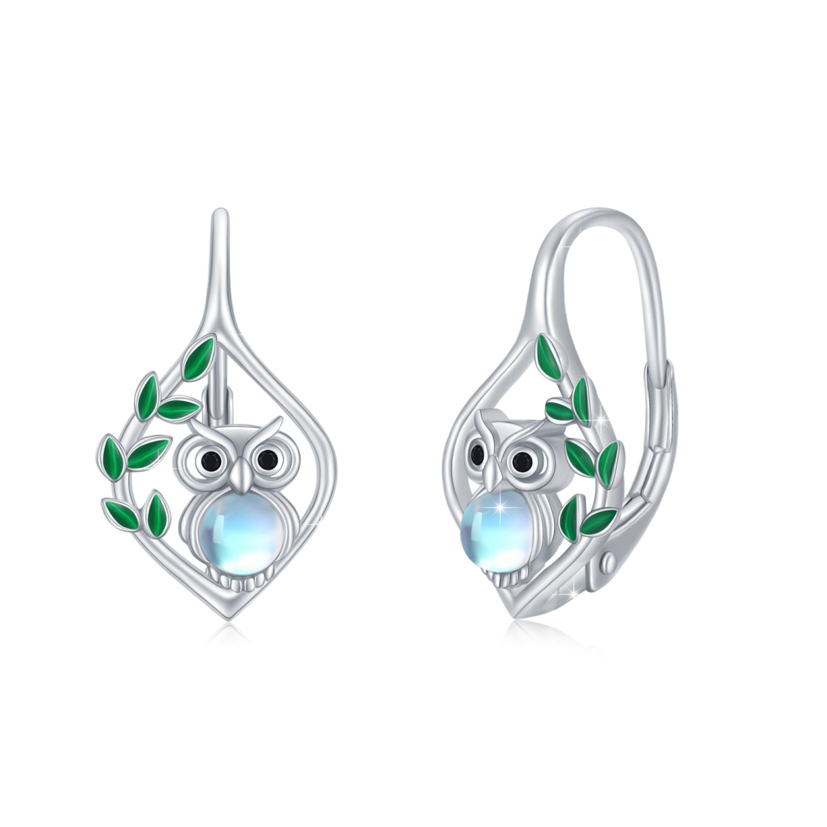 Boucles d'oreilles pendantes hibou en pierre de lune de forme circulaire plaquée or blanc 18 carats-1