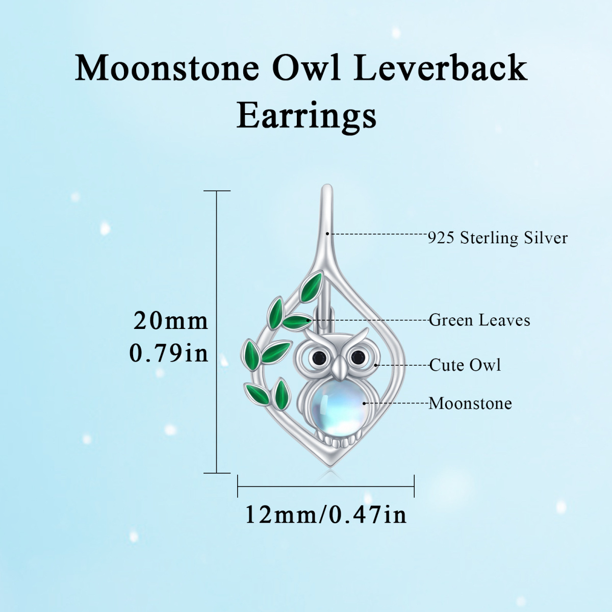 18K White Gold Plated Circular Shaped Moonstone Owl Drop Earrings-6