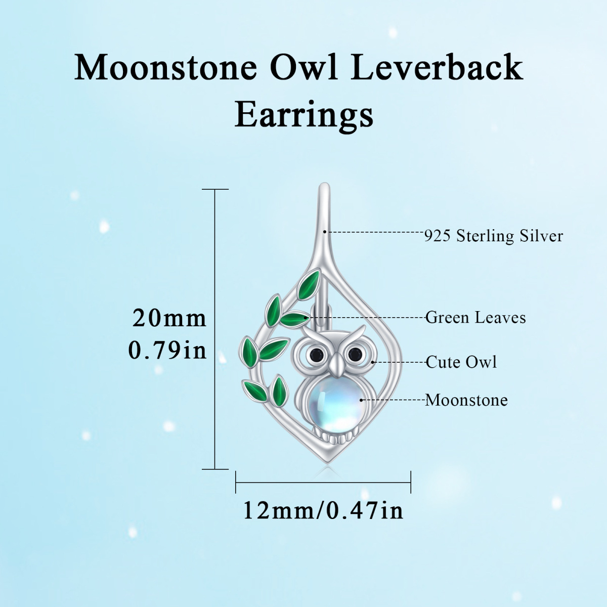 Boucles d'oreilles pendantes hibou en pierre de lune de forme circulaire plaquée or blanc 18 carats-6