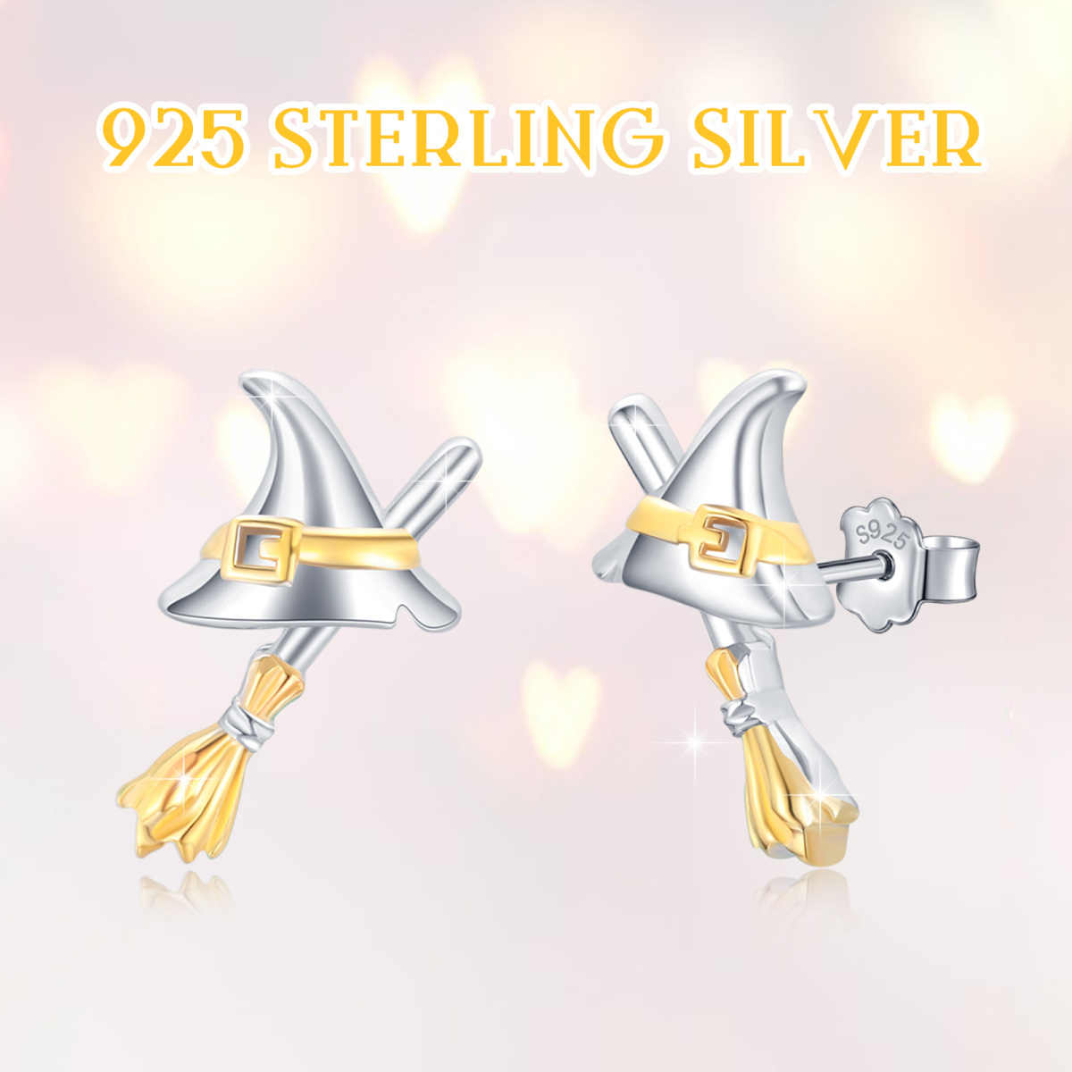Sterling Silver with Yellow Gold Plated Witch Stud Earrings-7