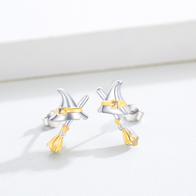 Sterling Silver with Yellow Gold Plated Witch Stud Earrings-5