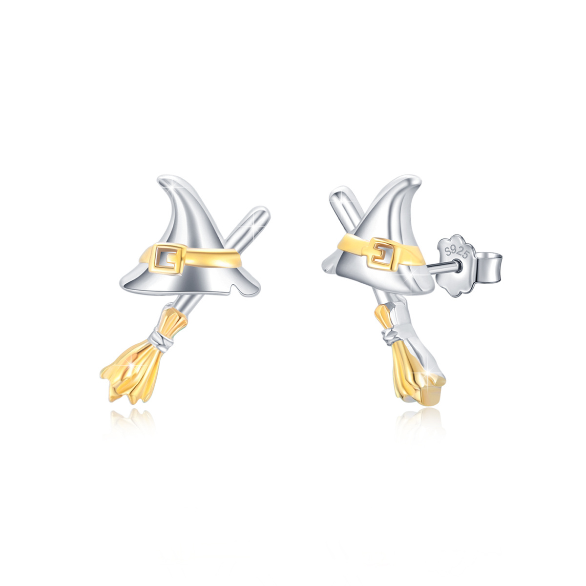 Sterling Silver with Yellow Gold Plated Witch Stud Earrings-1