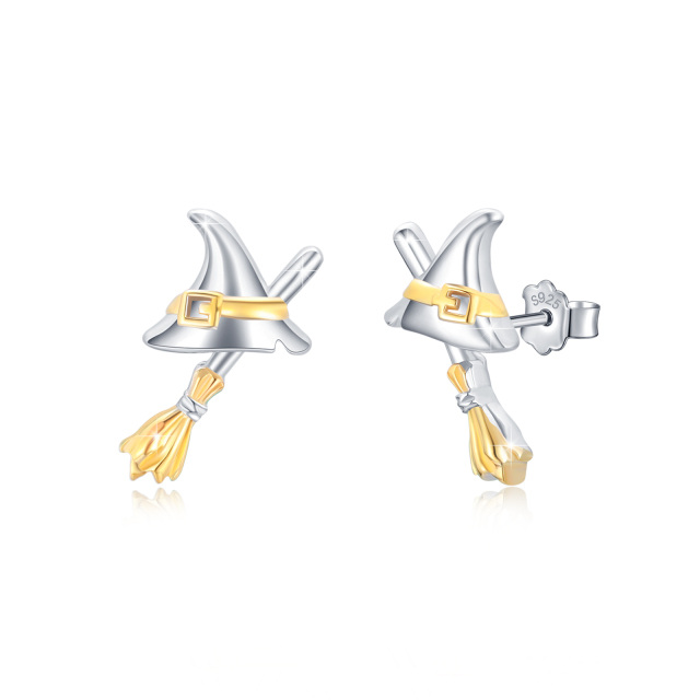 Sterling Silver with Yellow Gold Plated Witch Stud Earrings-0