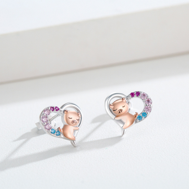 Sterling Silver Two-tone Round Zircon Pig Stud Earrings-2