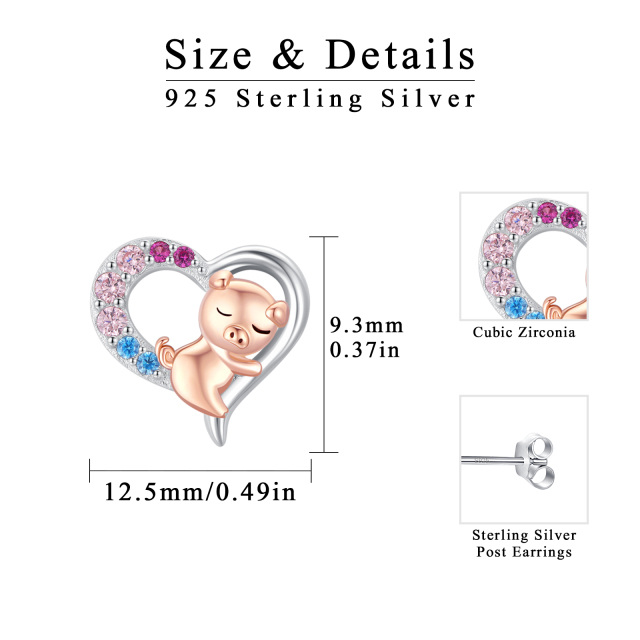 Sterling Silver Two-tone Round Zircon Pig Stud Earrings-3