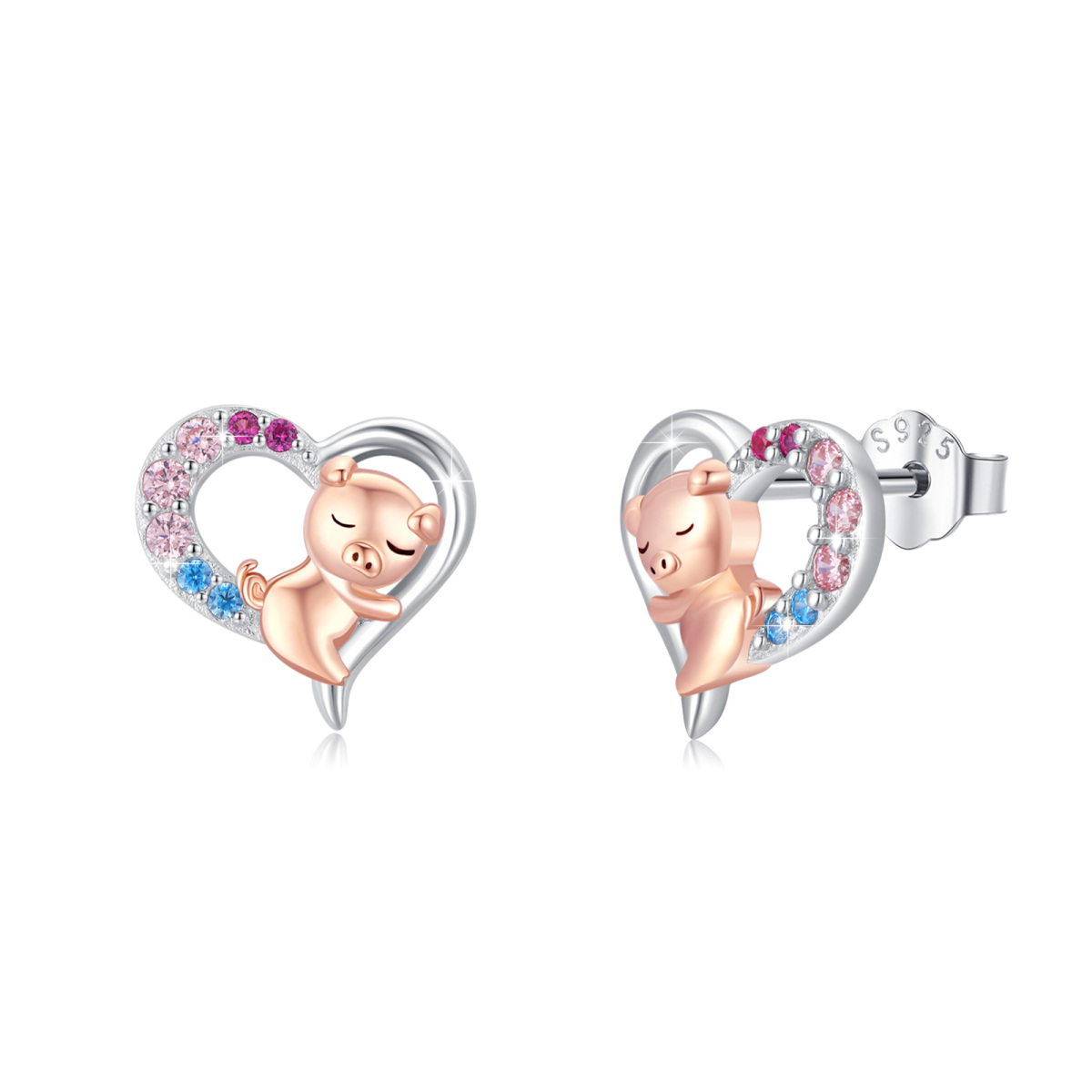 Sterling Silver Two-tone Round Zircon Pig Stud Earrings-1