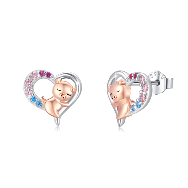 Sterling Silver Two-tone Round Zircon Pig Stud Earrings-0