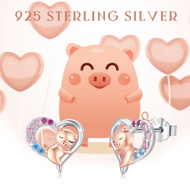 Sterling Silver Two-tone Round Zircon Pig Stud Earrings-4