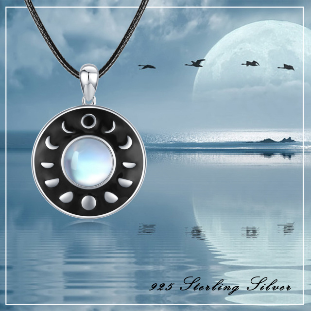 Sterling Silver Round Moonstone Moon Phases Pendant Necklace-3