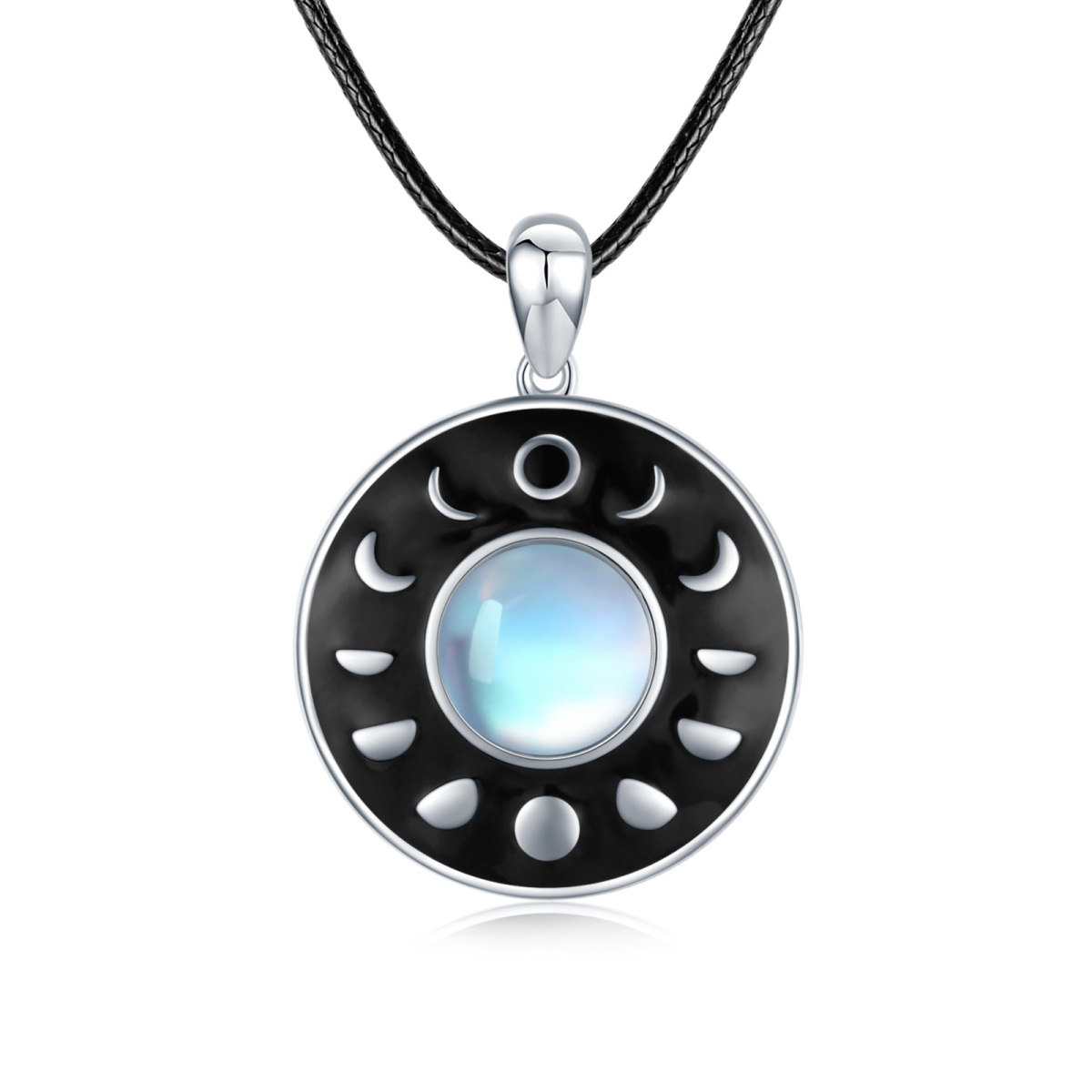 Sterling Silver Round Moonstone Moon Phases Pendant Necklace-1