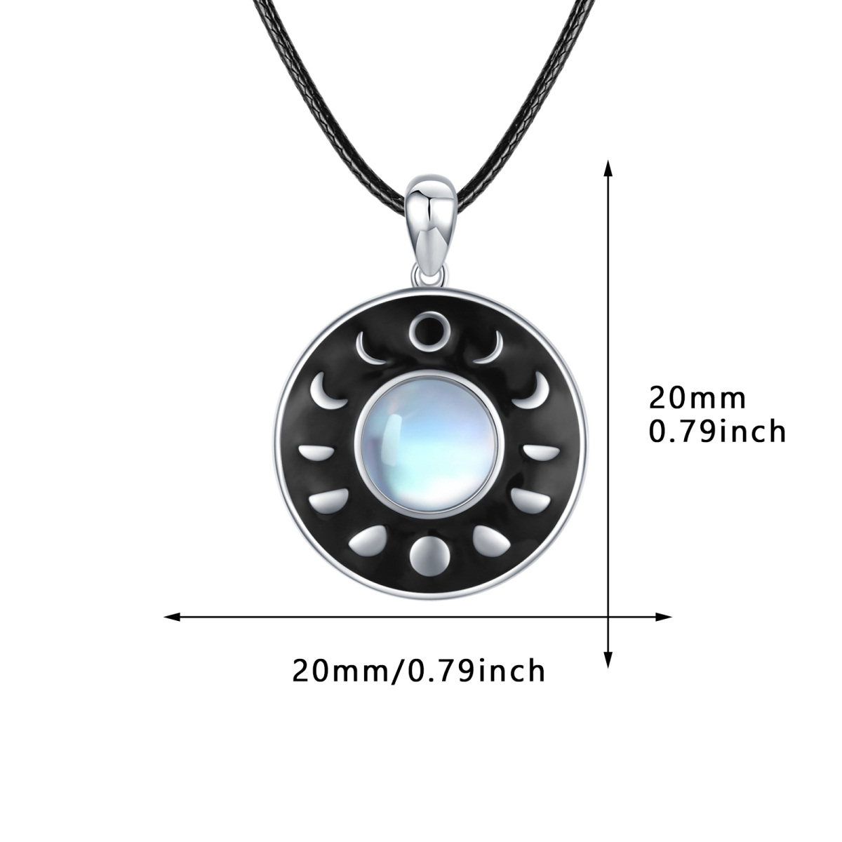 Sterling Silver Round Moonstone Moon Phases Pendant Necklace-5