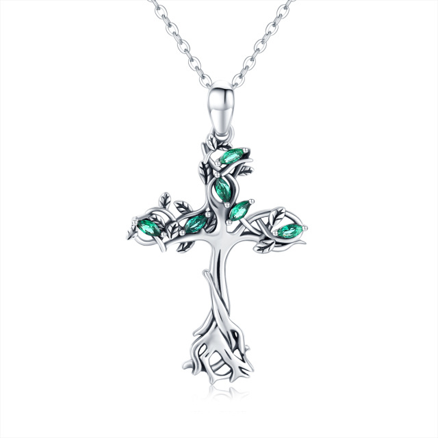 Sterling Silver Cubic Zirconia Tree Of Life & Cross Pendant Necklace-1