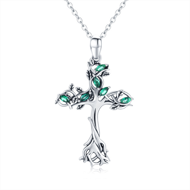 Sterling Silber Cubic Zirkonia Baum des Lebens & Kreuz-Anhänger Halskette-1