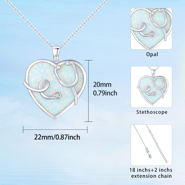 Sterling Silver Heart Shaped Opal Stethoscope Pendant Necklace-5