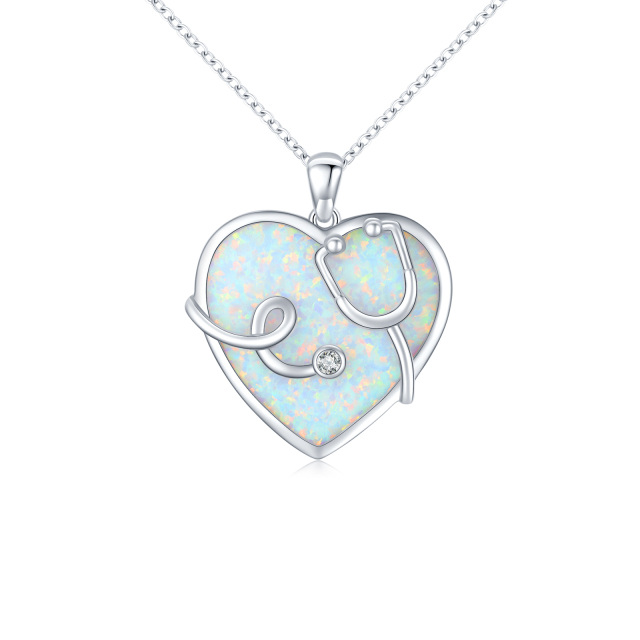 Sterling Silver Heart Shaped Opal Stethoscope Pendant Necklace-1