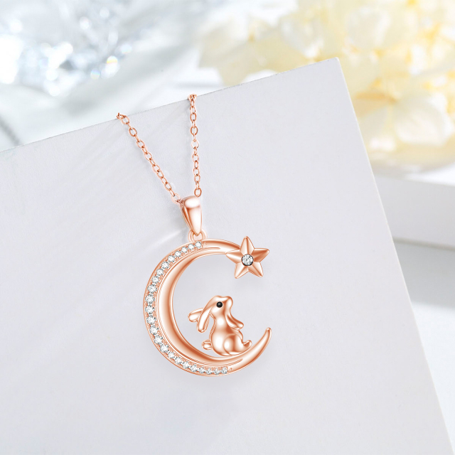 Sterling Silver with Rose Gold Plated Circular Shaped Cubic Zirconia Rabbit & Moon & Star Pendant Necklace-4