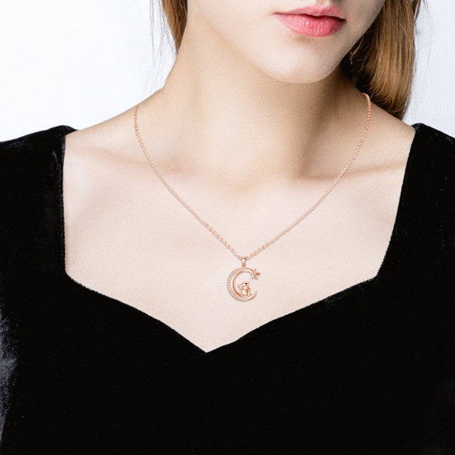 Sterling Silver with Rose Gold Plated Circular Shaped Cubic Zirconia Rabbit & Moon & Star Pendant Necklace-1