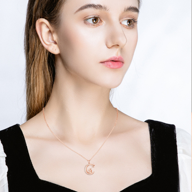 Sterling Silver with Rose Gold Plated Circular Shaped Cubic Zirconia Rabbit & Moon & Star Pendant Necklace-2