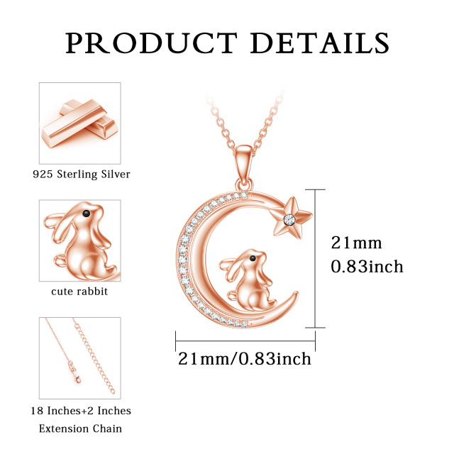 Sterling Silver with Rose Gold Plated Circular Shaped Cubic Zirconia Rabbit & Moon & Star Pendant Necklace-5