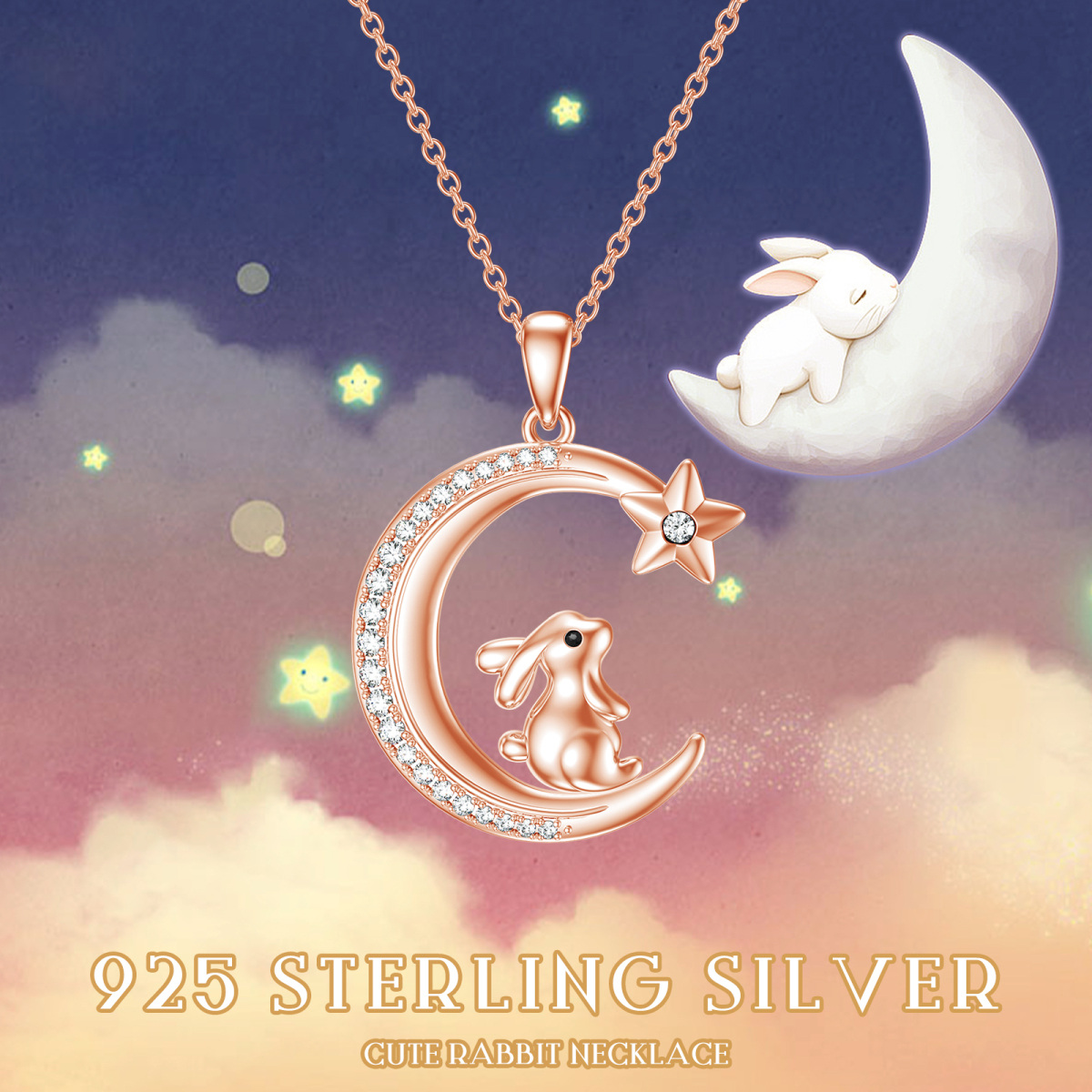 Sterling Silver with Rose Gold Plated Circular Shaped Cubic Zirconia Rabbit & Moon & Star Pendant Necklace-6