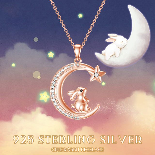 Sterling Silver with Rose Gold Plated Circular Shaped Cubic Zirconia Rabbit & Moon & Star Pendant Necklace-5