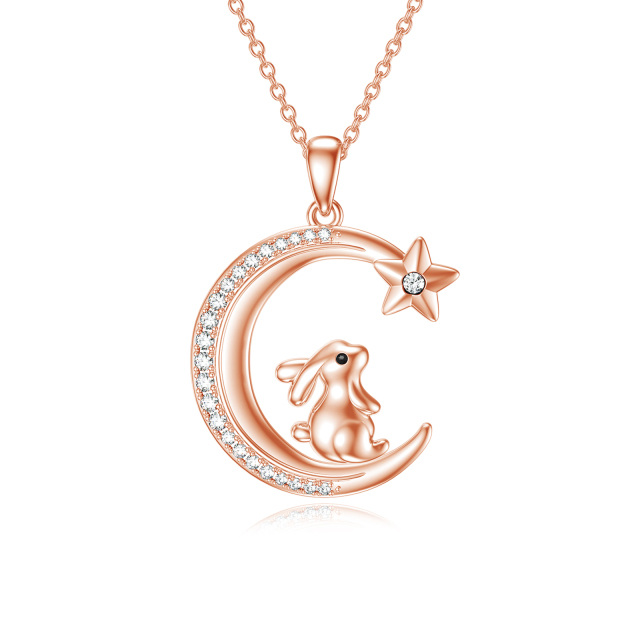 Sterling Silver with Rose Gold Plated Circular Shaped Cubic Zirconia Rabbit & Moon & Star Pendant Necklace-0