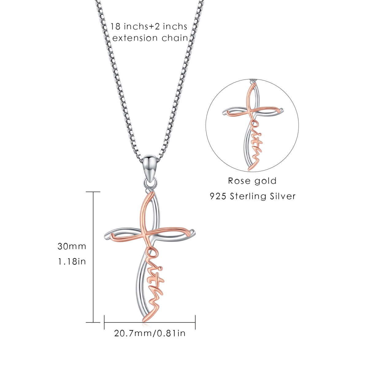 Sterling Silber zweifarbig Kreuz Glaube Anhänger Halskette mit eingraviertem Wort-5