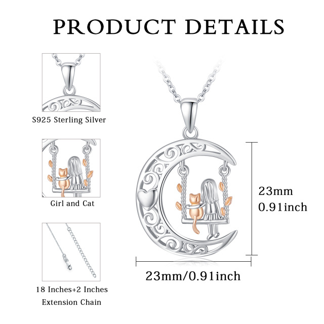 Sterling Silver Two-tone Cat & Heart & Moon & Swing Pendant Necklace-7