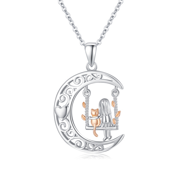 Sterling Silver Two-tone Cat & Heart & Moon & Swing Pendant Necklace-1